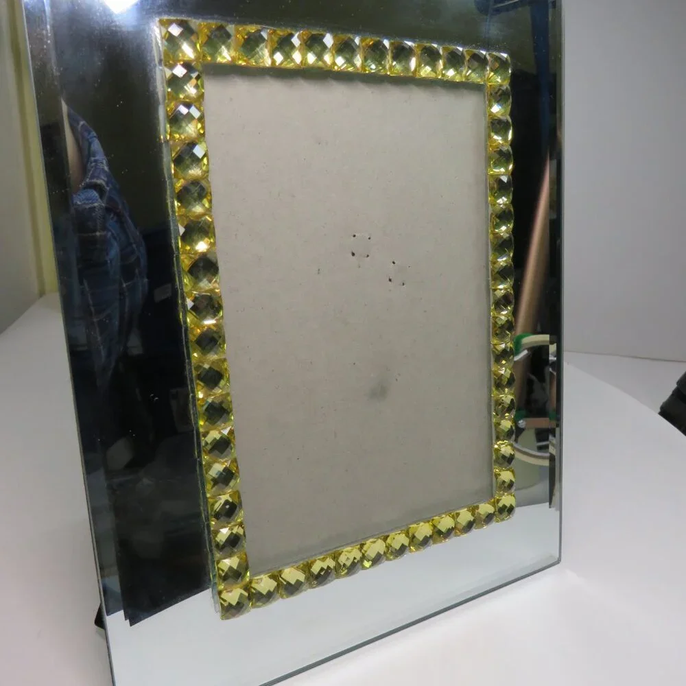 Beveled Mirror Glass Picture Frame with Yellow Rhinestone border High Quality